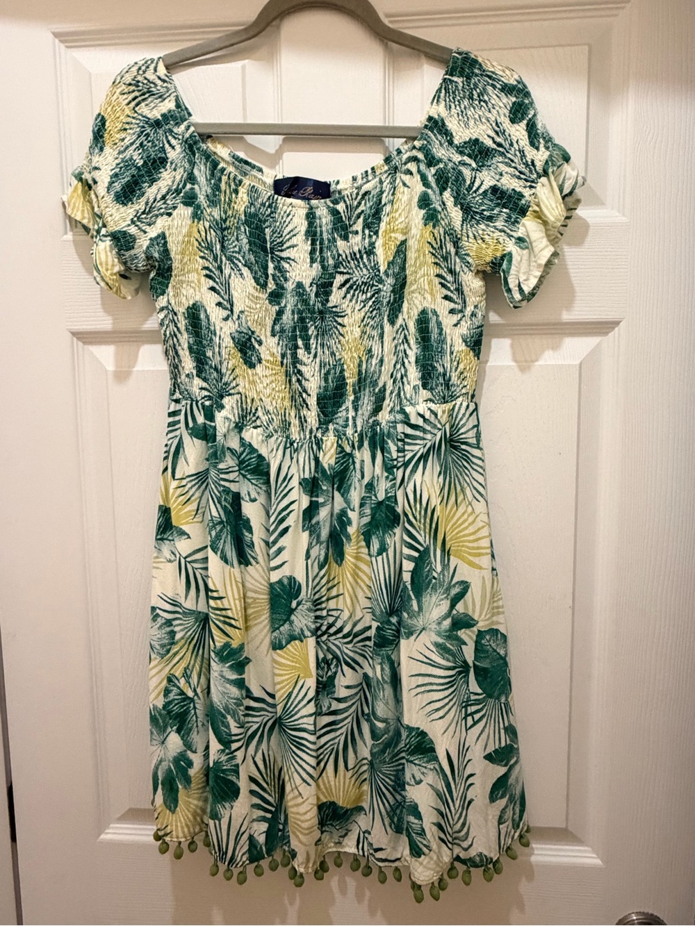 Blue Rain Green and Yellow Tropical Smocked Mini Dress with Pom Trim
